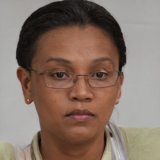 Neutral black adult female with short  brown hair and brown eyes