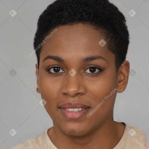 Joyful black young-adult female with short  black hair and brown eyes