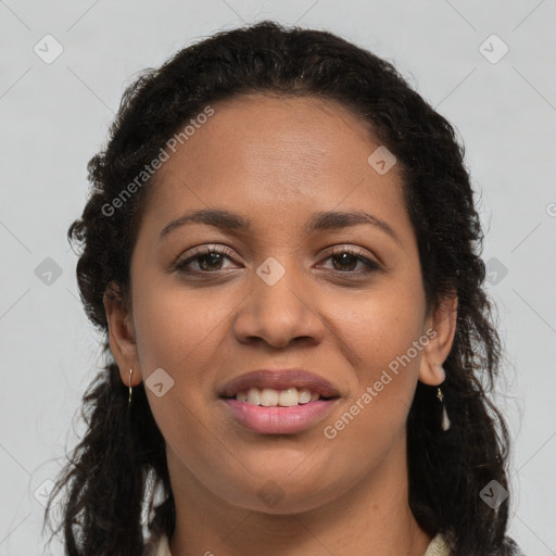 Joyful latino young-adult female with long  brown hair and brown eyes