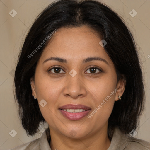 Joyful white adult female with medium  brown hair and brown eyes
