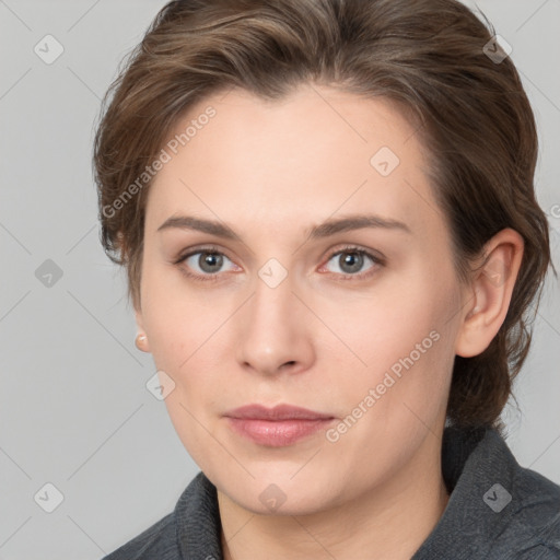 Neutral white young-adult female with medium  brown hair and grey eyes