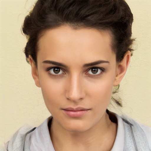 Neutral white young-adult female with short  brown hair and brown eyes