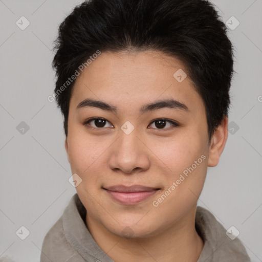 Joyful asian young-adult female with short  brown hair and brown eyes