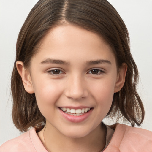 Joyful white child female with medium  brown hair and brown eyes