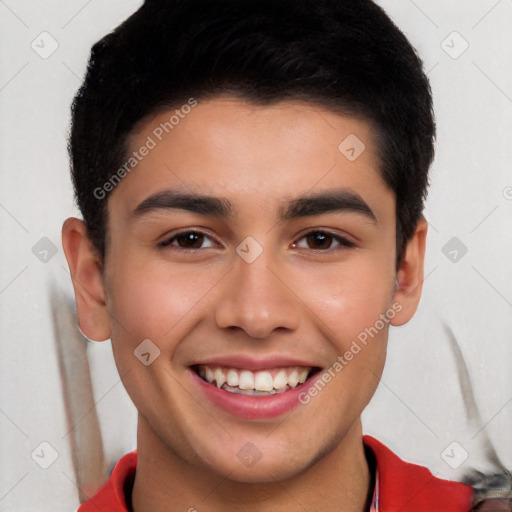 Joyful white young-adult male with short  black hair and brown eyes