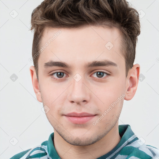 Neutral white young-adult male with short  brown hair and grey eyes