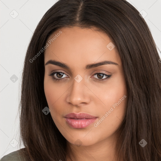 Neutral white young-adult female with long  brown hair and brown eyes