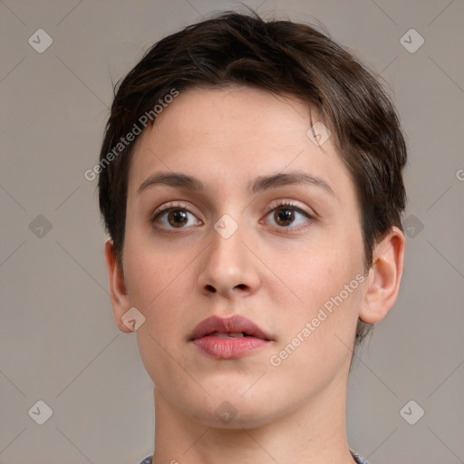 Neutral white young-adult female with short  brown hair and brown eyes