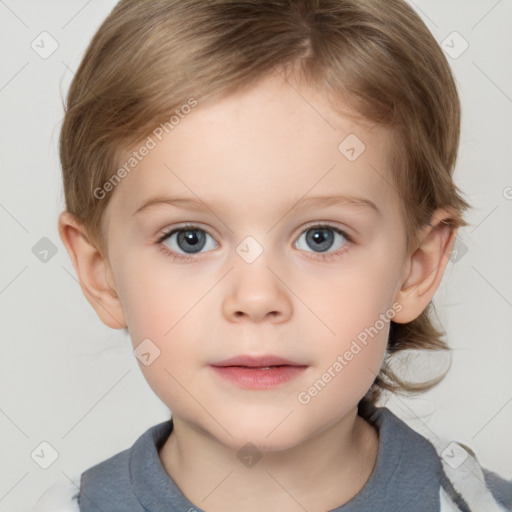 Neutral white child female with medium  brown hair and grey eyes