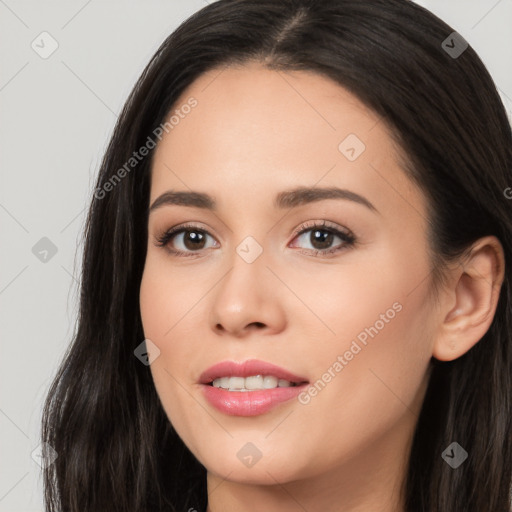 Joyful white young-adult female with long  black hair and brown eyes