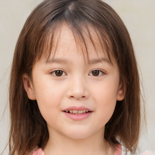 Joyful white child female with medium  brown hair and brown eyes