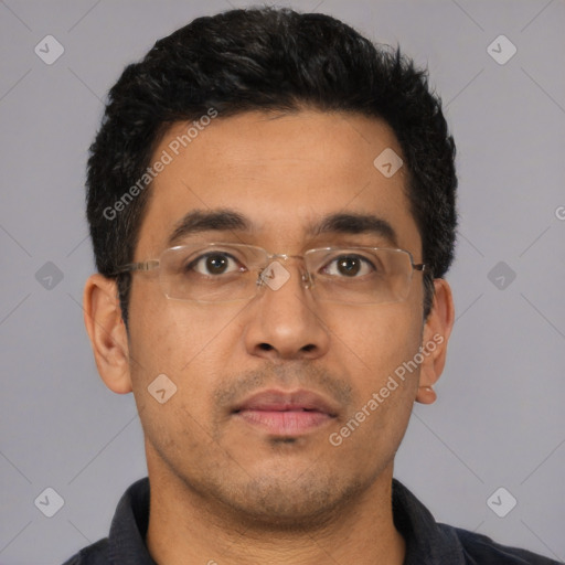 Neutral latino young-adult male with short  black hair and brown eyes