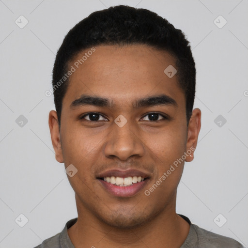 Joyful latino young-adult male with short  black hair and brown eyes