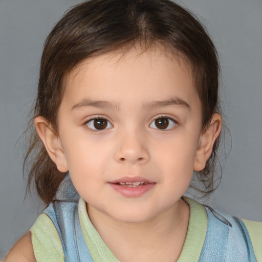 Joyful white child female with medium  brown hair and brown eyes