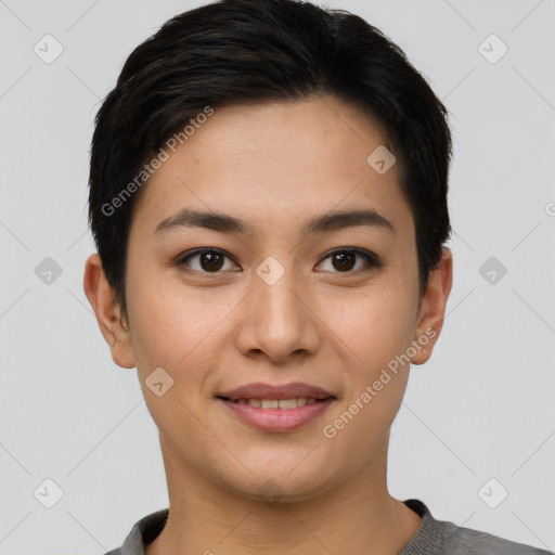 Joyful asian young-adult female with short  brown hair and brown eyes