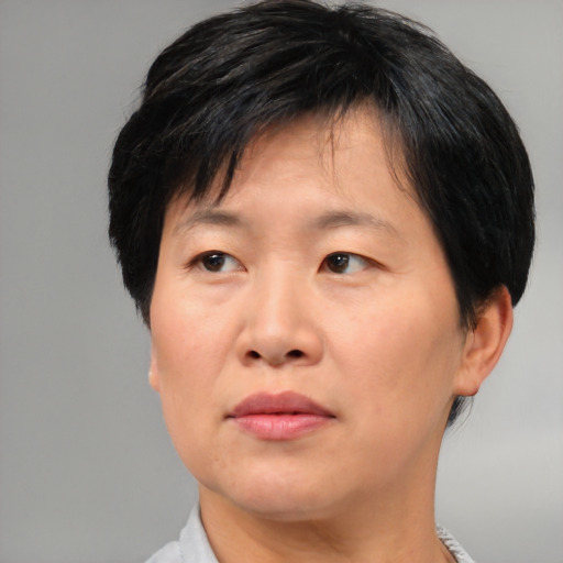 Joyful asian adult male with short  brown hair and brown eyes
