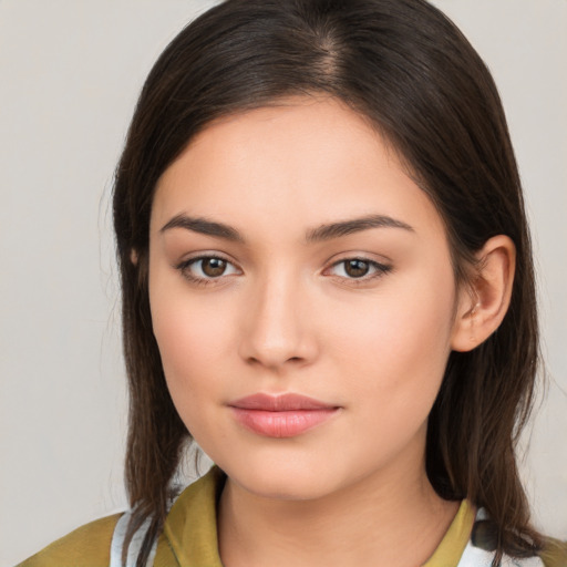 Neutral white young-adult female with medium  brown hair and brown eyes