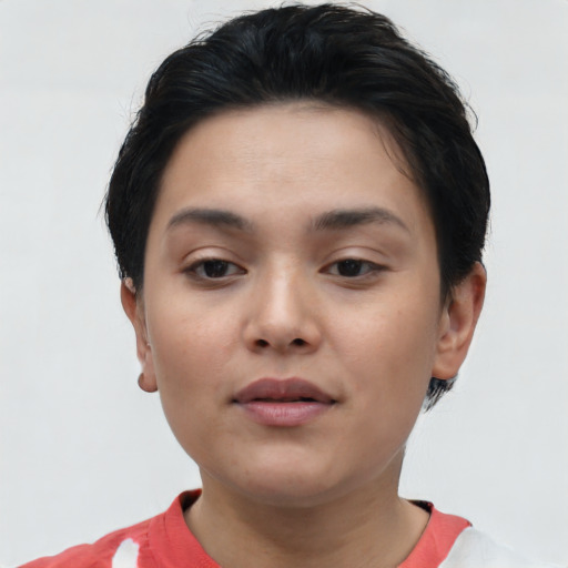 Neutral asian young-adult female with short  black hair and brown eyes