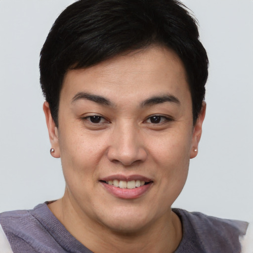 Joyful asian young-adult female with short  brown hair and brown eyes