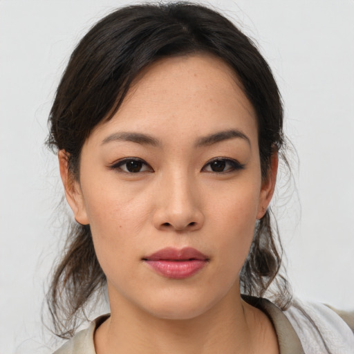 Neutral asian young-adult female with medium  brown hair and brown eyes