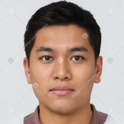 Neutral asian young-adult male with short  brown hair and brown eyes