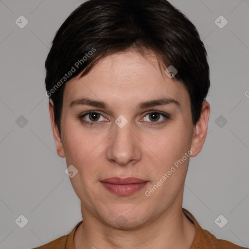 Joyful white young-adult female with short  brown hair and brown eyes