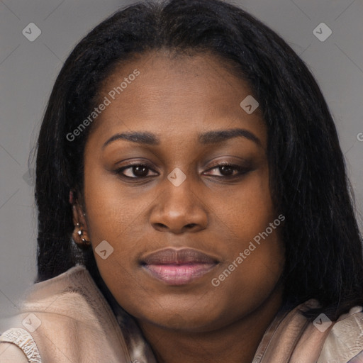 Joyful latino young-adult female with long  black hair and brown eyes