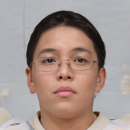 Neutral asian young-adult female with short  brown hair and brown eyes