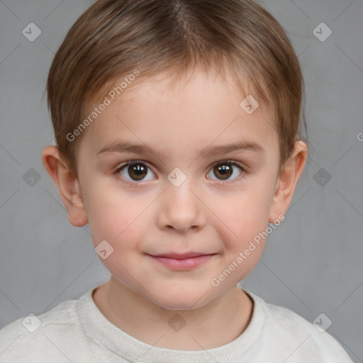 Joyful white child female with short  brown hair and brown eyes