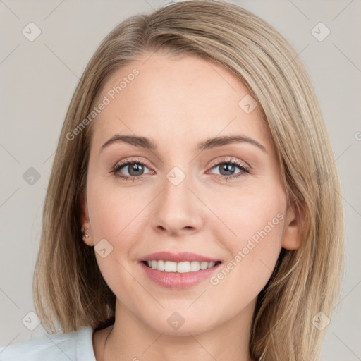 Joyful white young-adult female with long  brown hair and grey eyes