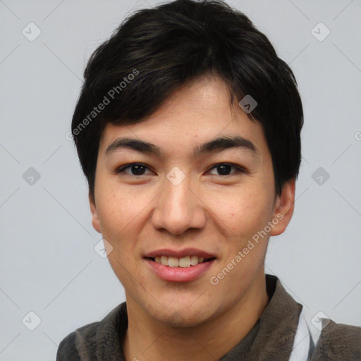 Joyful asian young-adult male with short  black hair and brown eyes