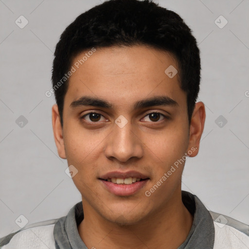 Joyful latino young-adult male with short  black hair and brown eyes