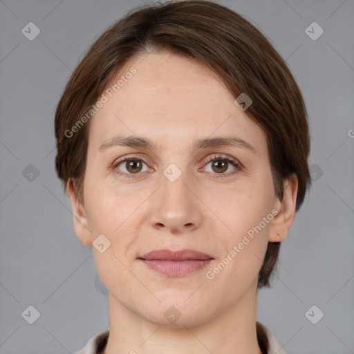 Joyful white young-adult female with medium  brown hair and grey eyes