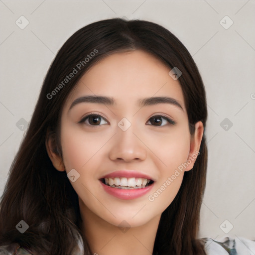 Joyful white young-adult female with long  black hair and brown eyes