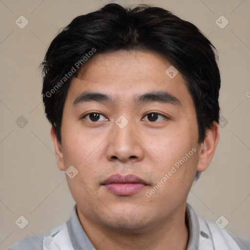 Neutral asian young-adult male with short  black hair and brown eyes