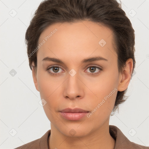 Neutral white young-adult female with short  brown hair and brown eyes