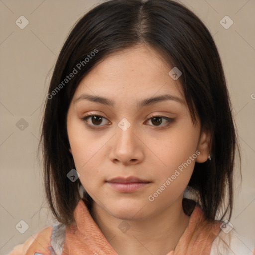 Neutral white young-adult female with medium  brown hair and brown eyes