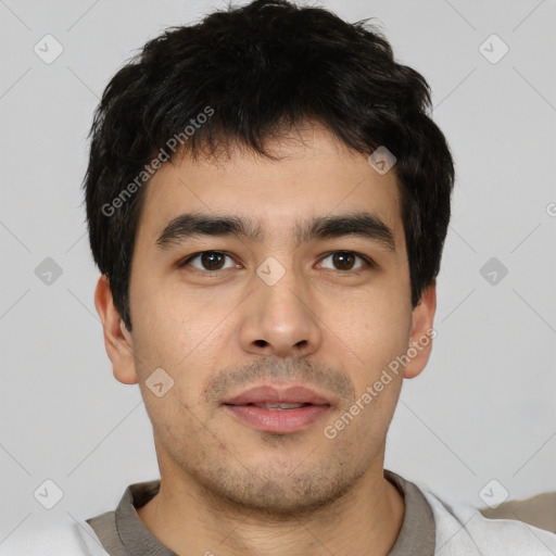 Neutral asian young-adult male with short  black hair and brown eyes