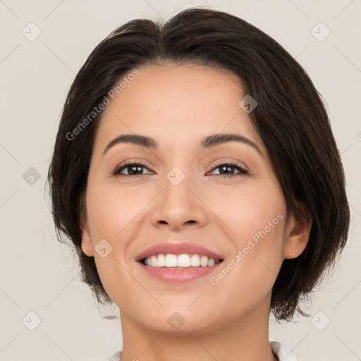 Joyful white young-adult female with medium  brown hair and brown eyes