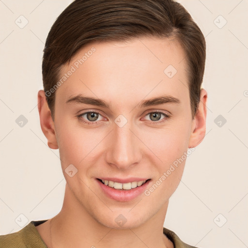 Joyful white young-adult female with short  brown hair and grey eyes