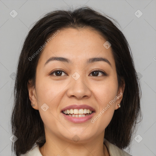 Joyful white young-adult female with medium  brown hair and brown eyes