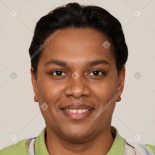 Joyful black young-adult male with short  brown hair and brown eyes