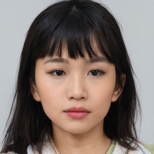 Neutral asian young-adult female with medium  brown hair and brown eyes