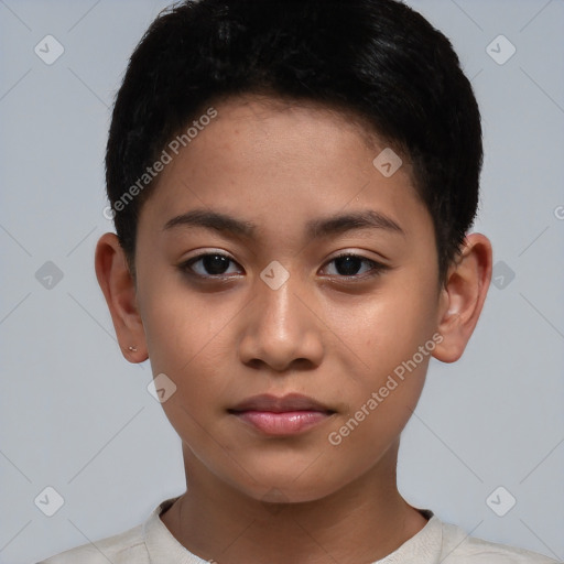 Neutral asian young-adult female with short  brown hair and brown eyes