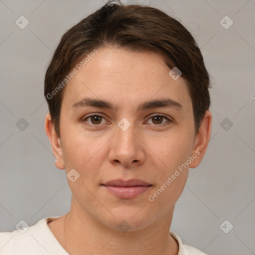 Joyful white young-adult female with short  brown hair and brown eyes