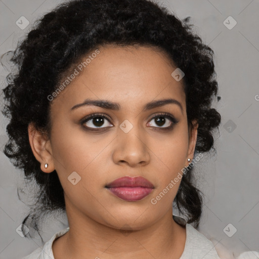 Neutral black young-adult female with medium  brown hair and brown eyes