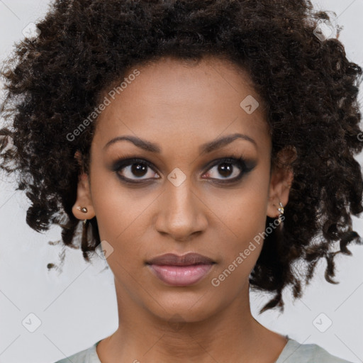 Neutral black young-adult female with medium  brown hair and brown eyes