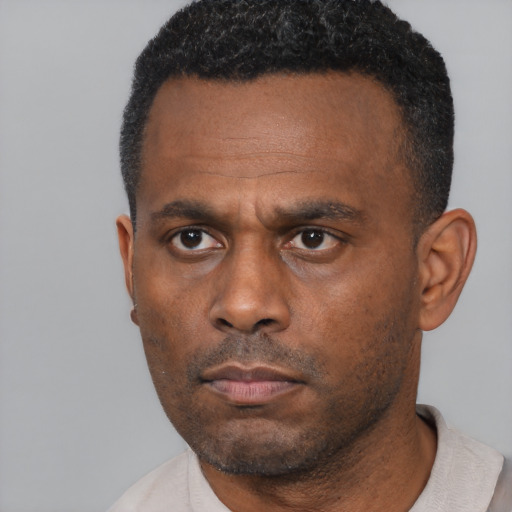 Neutral black adult male with short  black hair and brown eyes