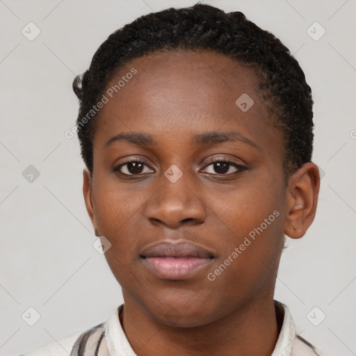 Neutral black young-adult female with short  brown hair and brown eyes