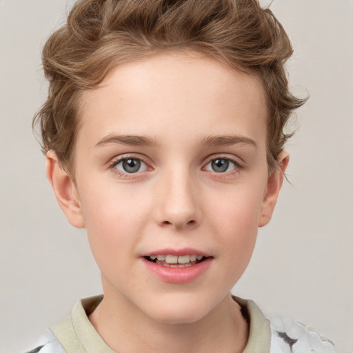 Joyful white child female with short  brown hair and grey eyes